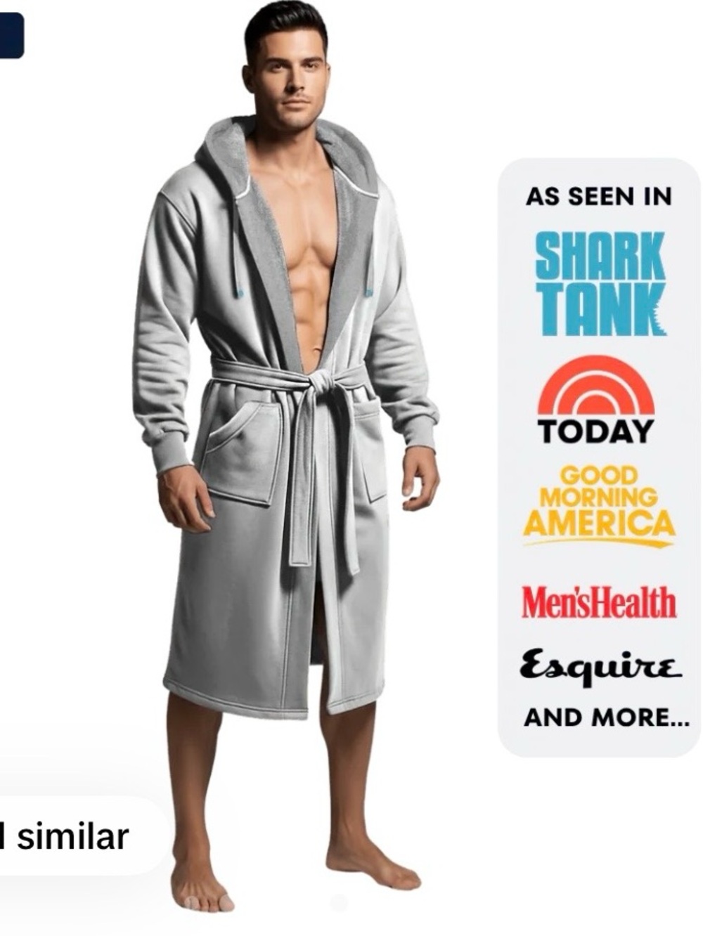 Men's Light Gray Hooded Plush Robe with Belt